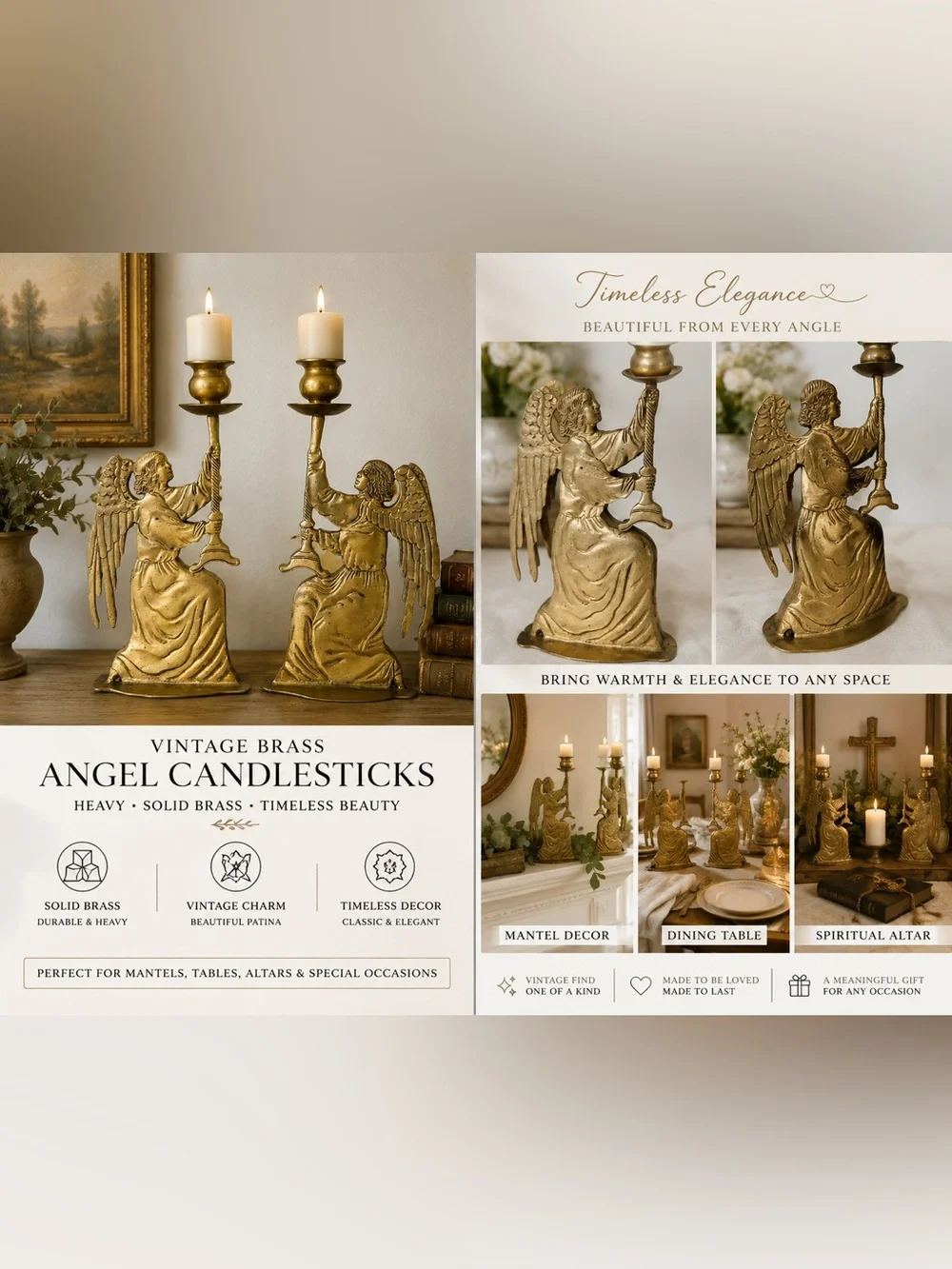Vintage Solid Brass Kneeling Angel Candlestick Holders Pair | French Country